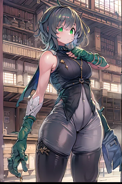 masutepiece, Best Quality,Alhaitham(GenshinImpact), 1girl in, female focus, Shirt, Solo, gloves, Sleeveless shirt, Grey Hair, Green eyes, Sleeveless, Ahoge, Black shirt, Bangs, Hair over one eye, Black Gloves, Indoors, sanctuary, Fingerless gloves, Black p...