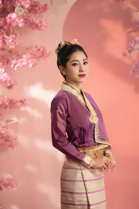 arafed woman in a purple dress and a pink background, sukhothai costume, traditional tai costume, traditional clothes, in style of thawan duchanee, traditional dress, traditional clothing, in style of lam manh, traditional beauty, traditional costume, trad...