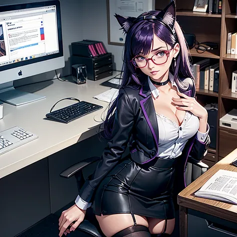 Il y a une femme adulte avec des lunettes , dans son bureau, dit in front of her computer , working girl, office girl, chemisier rouge,  soutien gorge visible sous le chemisier , long black  skirt, cat ears, white stockings, Dark and purple hair, cheveux n...