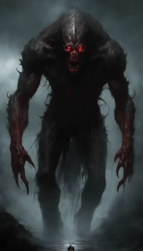 Draw a strong, massive, demonic creature with a bloody face and a bloody head, genocide, Science fiction horror art, sci-fi horror artwork, inspired by Aleksi Briclot, Fangs of the slaughter, horror fantasy art, Alexis Bricklot（Alexis Bricklot）, horror con...