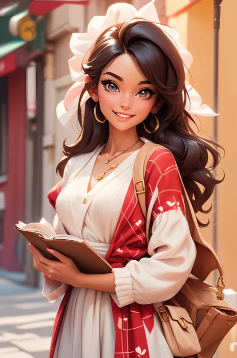 Cute puppy. Beautiful puppy. Adorable puppy. Portrait of a woman in a white dress, Slender hands holding a book, Express beauty and power. Detailed portrait of an indigenous woman in cartoon style, com olhos bonitos, Fast brushstrokes and vibrant colors. C...