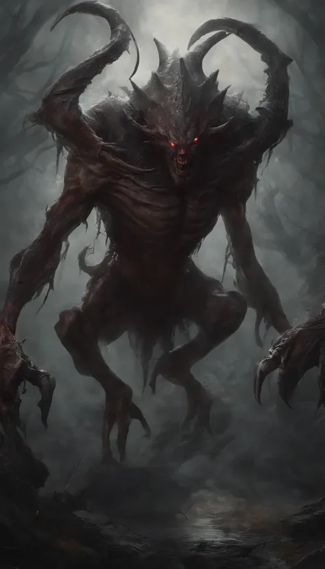 Draw a demonic creature with a strong, bloody face and bloody head, genocide, Science fiction horror art, sci-fi horror artwork, inspired by Aleksi Briclot, Fangs of the slaughter, horror fantasy art, Alexis Bricklot（Alexis Bricklot）, horror concept art, v...