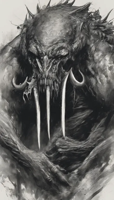 Draw a demonic creature with a strong, bloody face and bloody head, genocide, Science fiction horror art, sci-fi horror artwork, inspired by Aleksi Briclot, Fangs of the slaughter, horror fantasy art, Alexis Bricklot（Alexis Bricklot）, horror concept art, v...