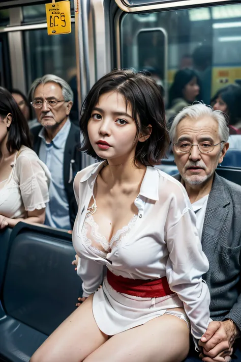 ((passengers crowded the train:1.5))，(very cute girl，with short black hair，the eyes are terrified, shyness and helplessness，cry ...