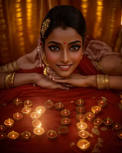 (masterpiece Photography:1.3) of a ravishing indian Girl celebrating Diwali by lighting Diyas , wearing elegant Lehenga and Choli, (ravishing glossy wavy backlit hair), lots of diyas, (big intricate eyes:1.3), (bright smile:1.3) soft dramatic lighting, Diw...