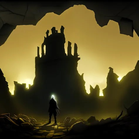 A monster made of shadows standing at the base of a ruined castle. Its eyes are glowing golden.