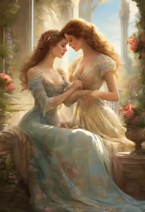 "(best quality, highres, ultra-detailed), Full body shot, 2 women in Victorian fashion passionately kissing and caressing breasts on a veranda, beautiful detailed eyes, beautiful detailed lips, long eyelashes, flowing satin gowns, intricate lace details, o...