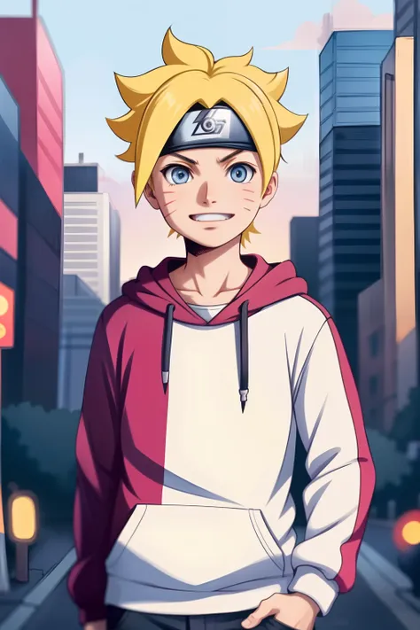 masterpiece, ultra-detailed, 1boy, male focus, upper body shot, uzumaki boruto wearing maroon streetwear hoodie, yellow hair, bl...