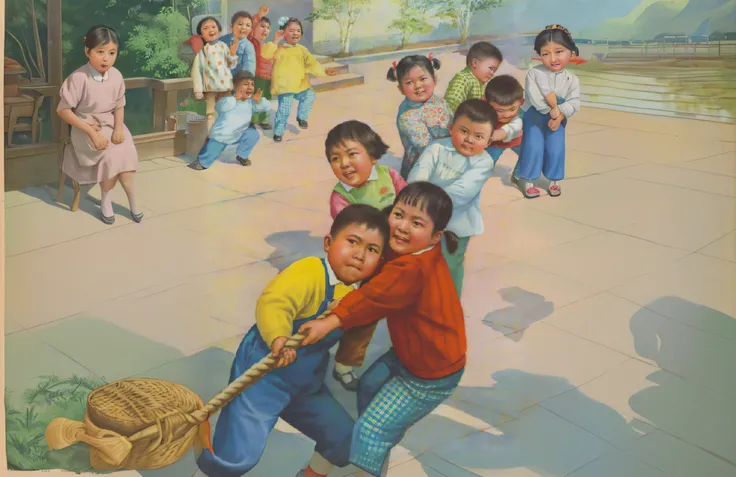 Rural China，Children watch，Vintage illustration，Lots of detail，80shair