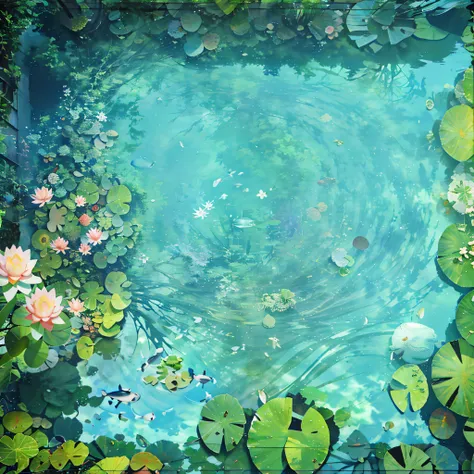 There is a picture of the pond，There are lilies and fish in it, Lotus pond, photoshop water art, water art photoshop, reflective water koi pond, Koi pond, Small pond, pond, floathing underwater in a lake, waterlily pond, lotus flowers on the water, alpine ...