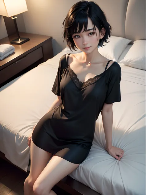 (8K, Best Quality, masutepiece:1.2), (Realistic, Photorealsitic:1.37), Ultra-detailed,((( 1 girl))),Solo,Beautifully detailed hotel suites,Night,Sitting,at hotels room,(nose blush),(Smile:1.15),(Closed mouth) Small breasts,very skinny legs,Beautiful detail...