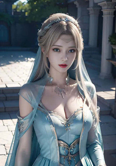 Blonde woman in blue dress with veil and veil on head, beautiful fantasy maiden, detailed fantasy art, beautiful fantasy art, blond-haired princess, Artgerm on ArtStation Pixiv, beautiful teenage girl, ((a beautiful fantasy empress)), 2. 5 D CGI anime fant...