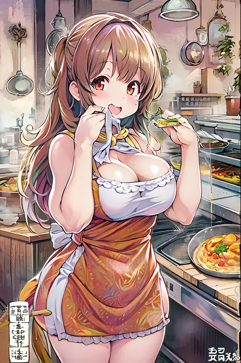 JPNIDOL, 1girl in,   masutepiece, High quality, Looking at Viewer,bbw、huge-breasted、cuisine、Wearing an apron