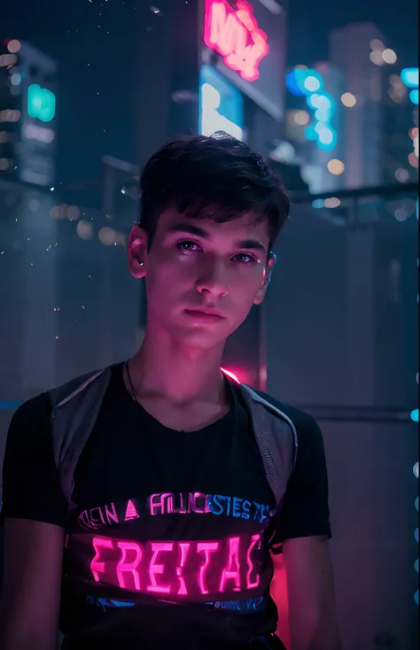 Boy with futuristic night City background neon light realistic face