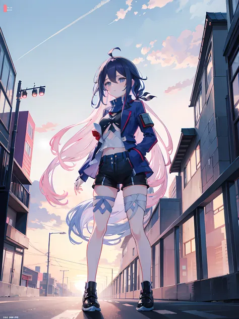 anime girl standing in the city street, sunset, buildings in the background, (1girl), white shirt, blue dominant shorts, beautiful anime artwork, ultrasharp, masterpiece, high res, 8k