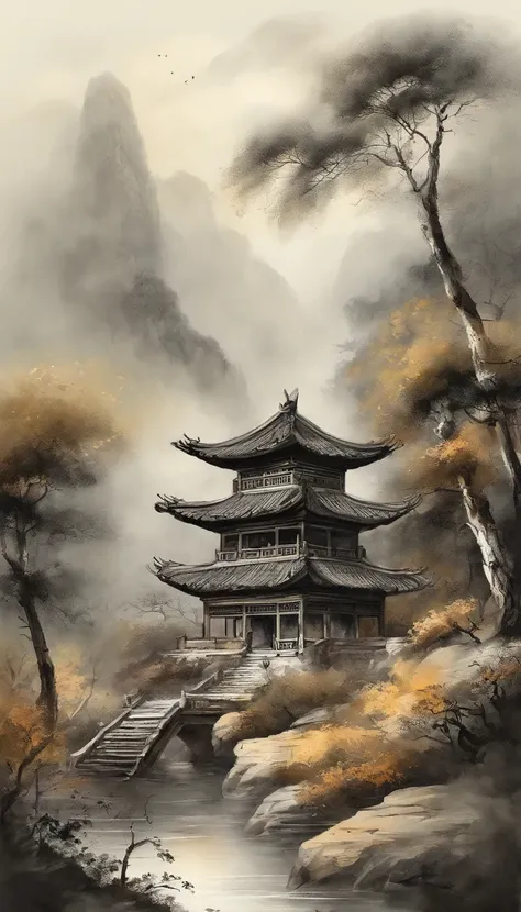 Quaint Han Dynasty style temple，（There was an ancient Chinese monk who sat and meditated（closeup cleavage）），（Meditate），zazen，age-old tree，falling leaf，（Chinese landscape painting style），（Pastel ink painting），（8k wallpaper），（light and shadow effect），renderi...