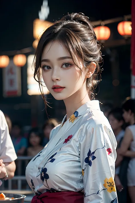 电影灯光，(((tmasterpiece))), ((best qualtiy)), ((intricate and detailed)), ((Ultra-realistic realism)), 4K,1beautiful woman, 25-years old, poneyTail,Ultra-fine yukata,美丽的面容,Beautiful brown eyes,face perfect,A slender,large full breasts,having a good time, Larg...