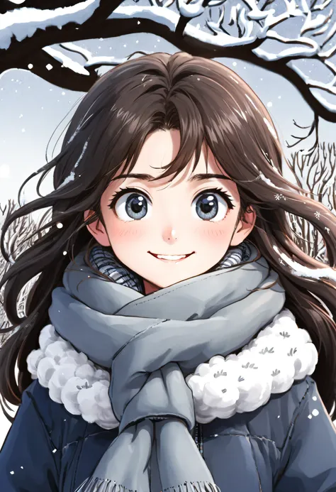 girl, long hair, face round, big eyes, down jacket, smile, scarf, winter, park, yukito, white snow, tree, snow cover, in a panor...