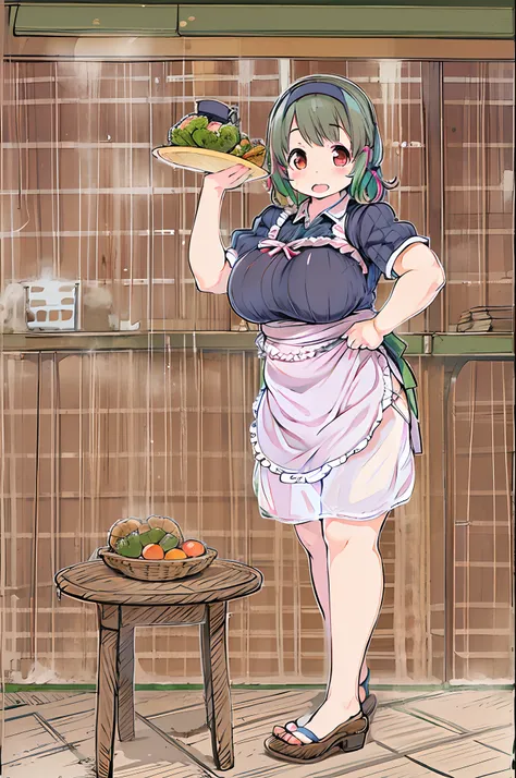 JPNIDOL, 1girl in, masutepiece, High quality, Looking at Viewer,bbw、huge-breasted、entranceway、Wearing an apron、meeting、