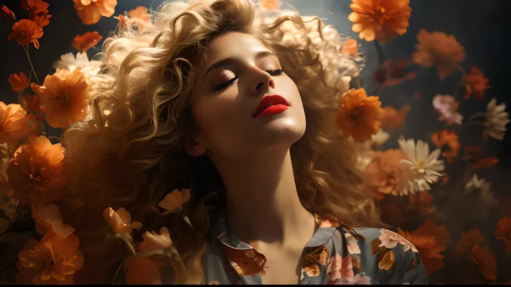 Blonde woman，There are flowers around, woman in flowers, fashion model face closed eyes, girl in a bed of flowers, she is in pure bliss,Red lips，flowing backlit hair, Girl in flowers, girl floating in a flower field, beautiful blonde hair, surreal beautifu...