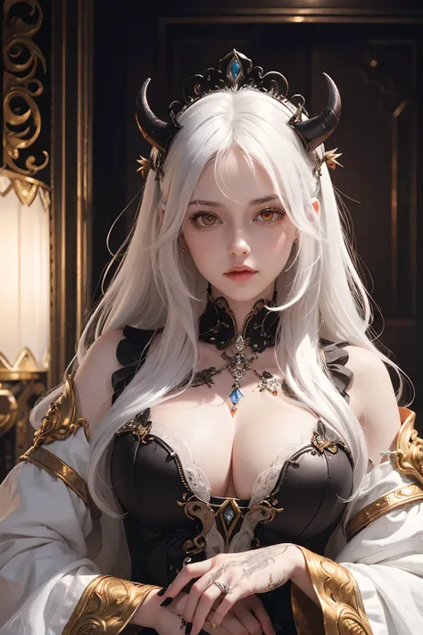 Isabella part(My wife is the Demon Queen), (unbelievable Ridiculous, (high resolution:1.18), intricately details, (Masterpiece:1.1), (Highest quality:1.1), absurderes) Break (1girll, Solo, Portrait, White hair, Orange eyes, Long hair, Detailed eyes), Read ...