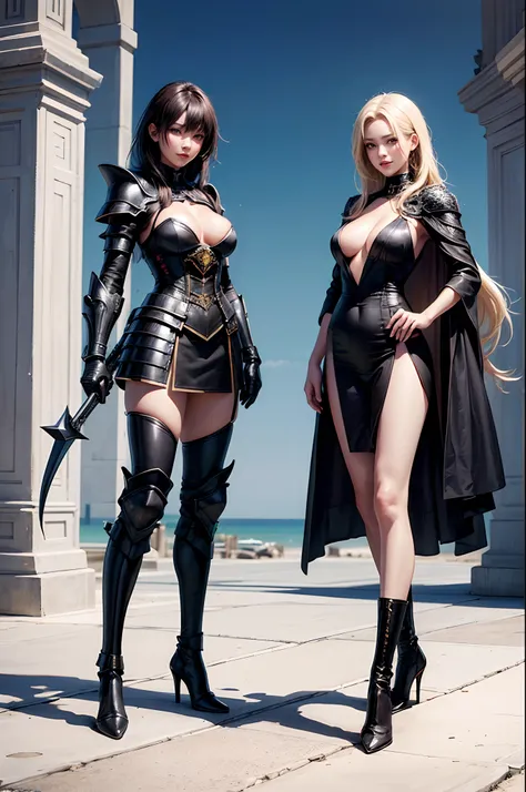 2girls,beautiful women, 30yr old,Japanese,Black dress Armor,pointed toes high heels boots,Full body portrait,Slim body,Perfect face and nice perfect face, smile,Surreal concept, 8K resolution, photographic quality, fantasy,outdoor,Photorealistic,A detailed...