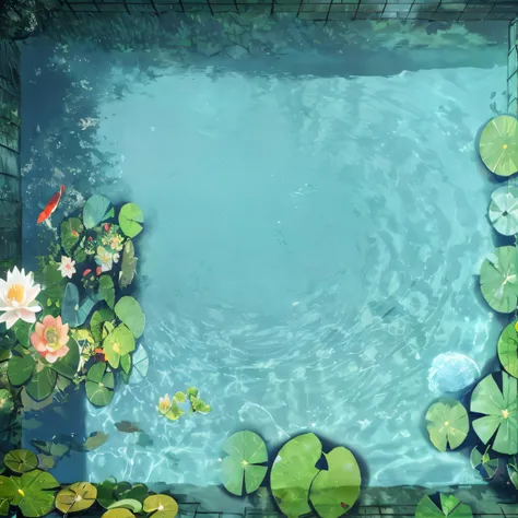 There are photos of the pool，There were lilies and a fish in it, Lotus pond, Koi pond, Small pond, photoshop water art, realistic water, author：Julian, water art photoshop, waterlily pond, Water painting, digital painting highly detailed, Lotus, serene ill...