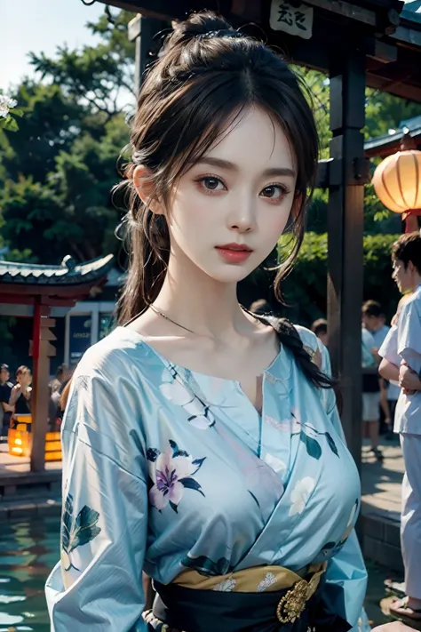 电影灯光，(((tmasterpiece))), ((best qualtiy)), ((intricate and detailed)), ((Ultra-realistic realism)), 4K,1beautiful woman, 25-years old, poneyTail,Ultra-fine yukata,美丽的面容,Beautiful brown eyes,face perfect,A slender,large full breasts,having a good time, Larg...