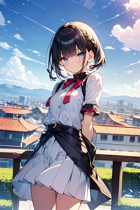 masutepiece, Best quality,illustration, the wallpaper, Ultra detail, absurderes, 1Blittle girl、 Solo, (Medium short hair、short braided hair), Beautiful ultra-detailed eyes , Hair fluttering in the wind、:Tai、 Beautiful sky、(in a panoramic view:1.5)