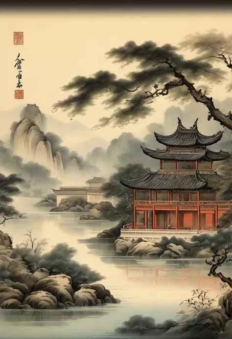 Chinese，Chinese landscape，Traditional Chinese painting，Ancient rhyme Jiangnan，Yamakawa，Cypress，Pavilions，Leave white space，elegant