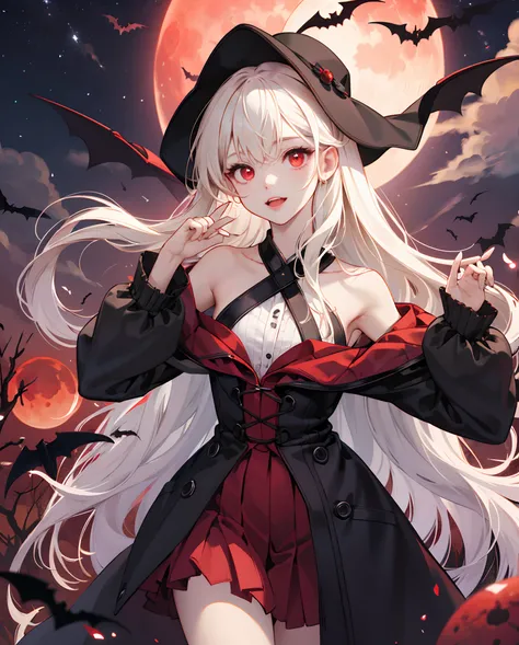 Bat girl with long red eyes with white hair、doress、Red Moon Blonde Girl One、red eyes、Vampire、doress、off shoulders、Red Moon、Midnight