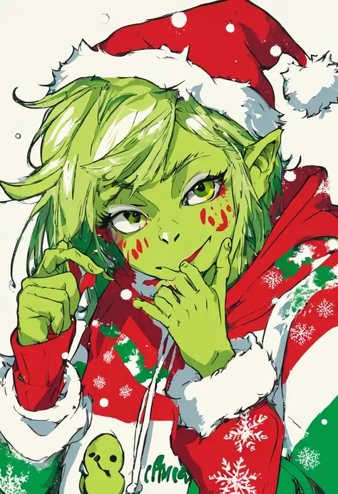 El Grinch, with Christmas sweatshirt, cara de enojado, holiday vibe, 8k 16k a todo color, copos de nieve.