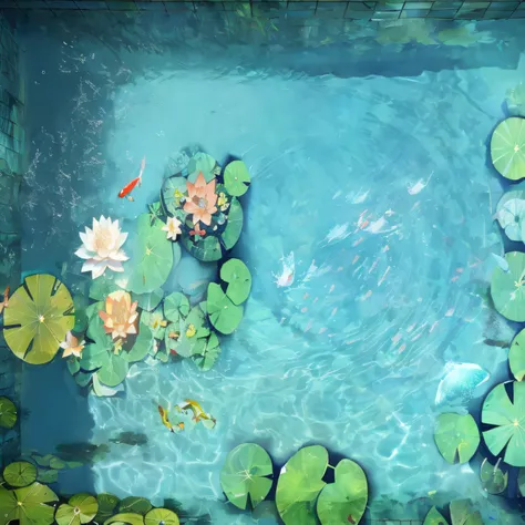 There is a picture of the pond，There are lilies and fish in it, Lotus pond, photoshop water art, water art photoshop, reflective water koi pond, Koi pond, Small pond, pond, floathing underwater in a lake, waterlily pond, lotus flowers on the water, alpine ...