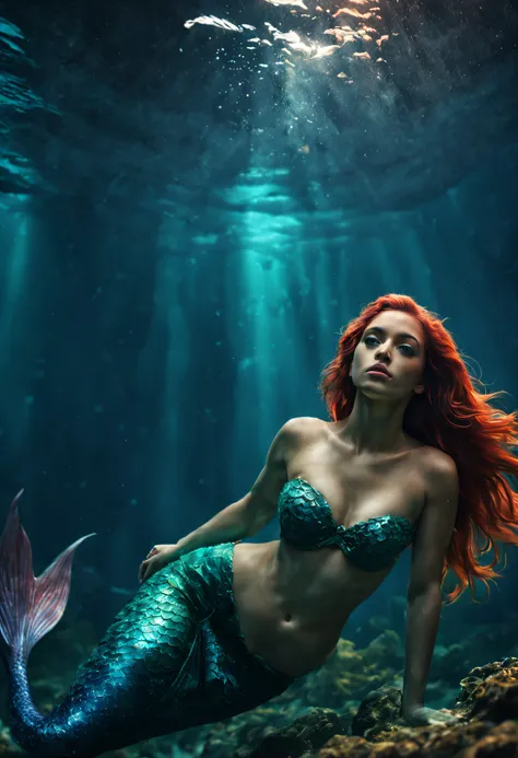 photorealistic full length portrait, beautiful mermaid facing camera, lost in melancholy, underwater background,Hyperrealistic, splash art, concept art, intricately detailed, color depth, dramatic, side light, colorful background,Unreal Engine 5",