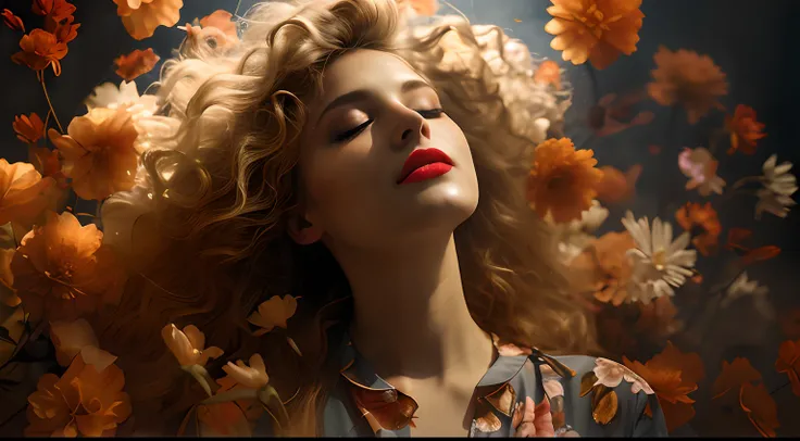 Blonde woman，There are flowers around, woman in flowers, fashion model face closed eyes, girl in a bed of flowers, she is in pure bliss,Red lips，flowing backlit hair, Girl in flowers, girl floating in a flower field, beautiful blonde hair, surreal beautifu...