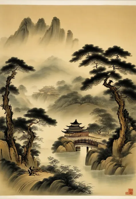 Chinese，Chinese landscape，Traditional Chinese painting，Ancient rhyme Jiangnan，Yamakawa，Cypress，Pavilions，Leave white space，elegant