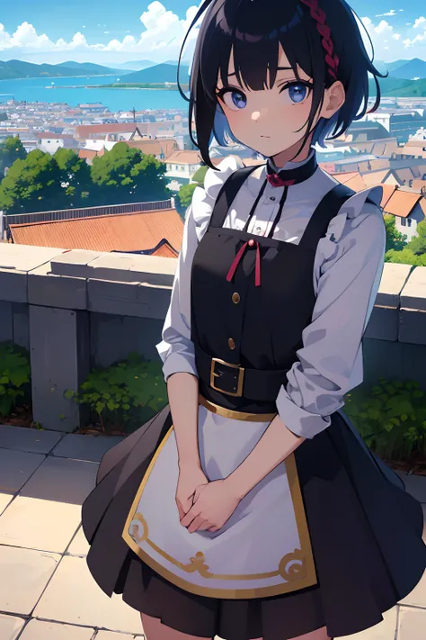 masutepiece, Best quality,illustration, the wallpaper, Ultra detail, absurderes, 1Blittle girl、 Solo, (Medium short hair、short braided hair), Beautiful ultra-detailed eyes , Hair fluttering in the wind、:Tai、 Beautiful sky、(in a panoramic view:1.5)