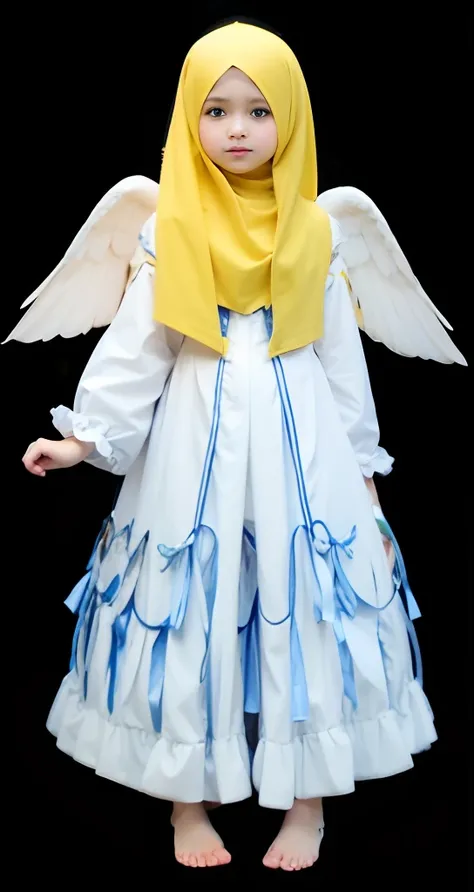 a close up of a yellow hijab child dressed in a costume with wings, ! maid! dress, full - body majestic angel, angelic purity, wide angel shot, wearing angel, angel-themed, an angel, possibly an angel, angelic, angelical,