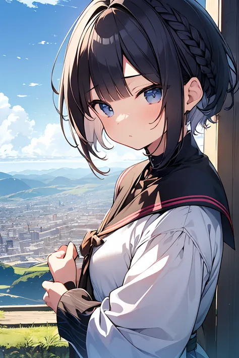 masutepiece, Best quality,illustration, the wallpaper, Ultra detail, absurderes, 1Blittle girl、 Solo, (Medium short hair、short braided hair), Beautiful ultra-detailed eyes , Hair fluttering in the wind、:Tai、 Beautiful sky、(in a panoramic view:1.5)