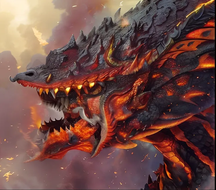 a close up of a dragon with fire coming out of its mouth, detailed hot maw, dragon made out of molten lava, deathwing, fire dragon, giant kaiju dragon monster, dragon breathing fire, dragon breathing fire, epic dragon, detailed maw, dragon vore art, fire f...