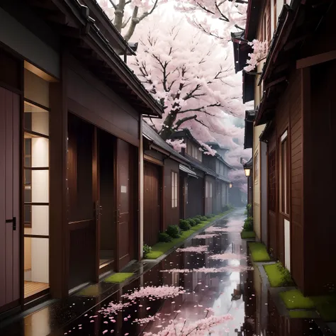 The ethereal essence of the rain-soaked streets、somber, grey sky, Where pink cherry trees towering, Bright petals are scattered like a delicate pink carpet. Wet asphalt glitters, Reflecting the world above, As a slender, Reaching the branches that carry th...