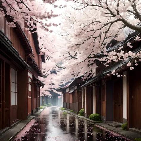 The ethereal essence of the rain-soaked streets、somber, grey sky, Where pink cherry trees towering, Bright petals are scattered like a delicate pink carpet. Wet asphalt glitters, Reflecting the world above, As a slender, Reaching the branches that carry th...