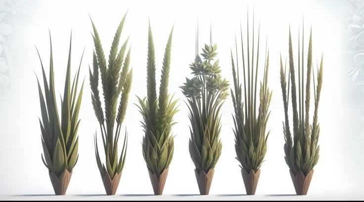 Several different types of grass are shown in a row, stylized vegetation, galhos e plantas hiperdetalhados, textura estilizada da grama, botanical fractal structures, Megascans Quixel, Detailed organic textures, plantas detalhadas, alien foliage plants, Qu...