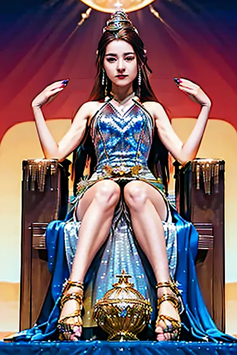 (a tall, queen of the female giants),(long legs, golden dress, busty, big buttocks),(sit on the throne of a small city),(red nai...