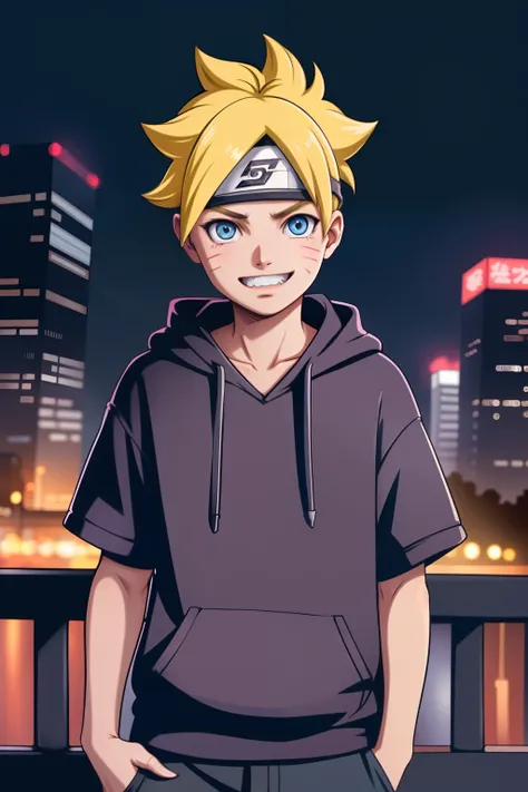 masterpiece, ultra-detailed, 1boy, male focus, upper body shot, uzumaki boruto wearing maroon streetwear hoodie, yellow hair, bl...