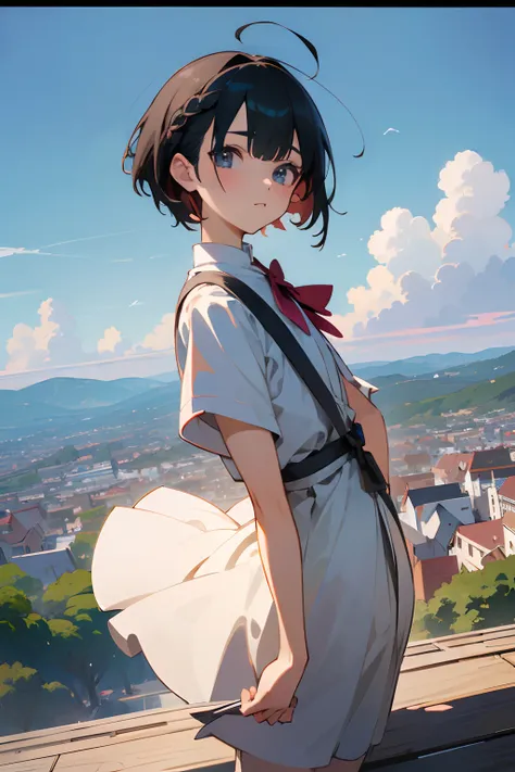 masutepiece, Best quality,illustration, the wallpaper, Ultra detail, absurderes, 1Blittle girl、 Solo, (Medium short hair、short braided hair), Beautiful ultra-detailed eyes , Hair fluttering in the wind、:Tai、 Beautiful sky、(in a panoramic view:1.5)