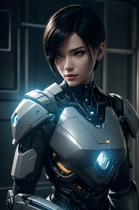 Male cyborg,Intelligent Bionic Robot、Short-haired man with black hair、Cyborg Robot Parts、cable electric wires、microchips、bright studio、hyperphotorealism、high-detail、intricate detailes、softlighting、Rim Lights、rendering by octane、Unreal Engine 5 Renders、Mech...