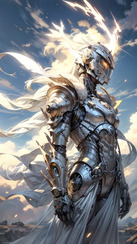 male dieselpunk angel knight in full body beautifully elegant mechanical angel armor, full head helmet with a full face white st...