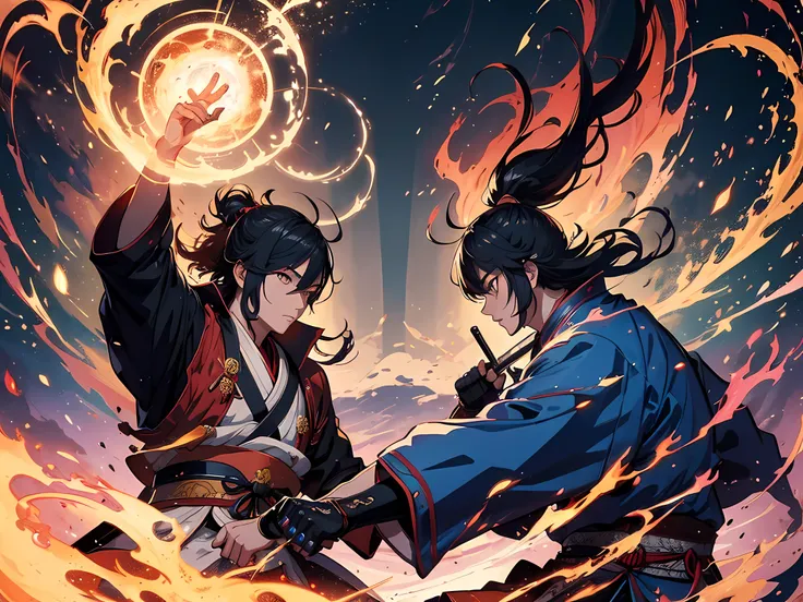 (2 man) historic samurai duel, (highly detailed, eyes finely detailed), (half body:0.6), battle with magical aura, magical particles, magical atmosphere, colorful swirling portal, dark magic, masterpiece, high-resolution, masterpiece, top-quality, detailed...