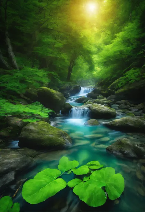 Beautiful mountain stream in the green season,Realistic,A high resolution,(Best quality,4K,8K,A high resolution,Masterpiece:1.2),Vivid colors,Natural lighting,Beautiful detail landscape,lush green vegetation,crystal clear water,cascading waterfalls,sunligh...